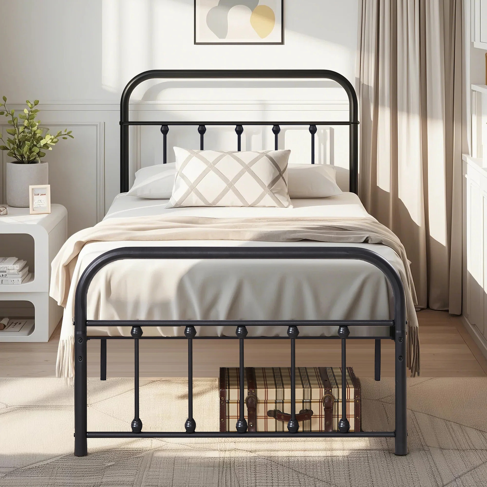 Trent Austin Design Kempst Metal Bed Mattress Foundation with Headboard No Box Spring Needed & Re... | Wayfair North America