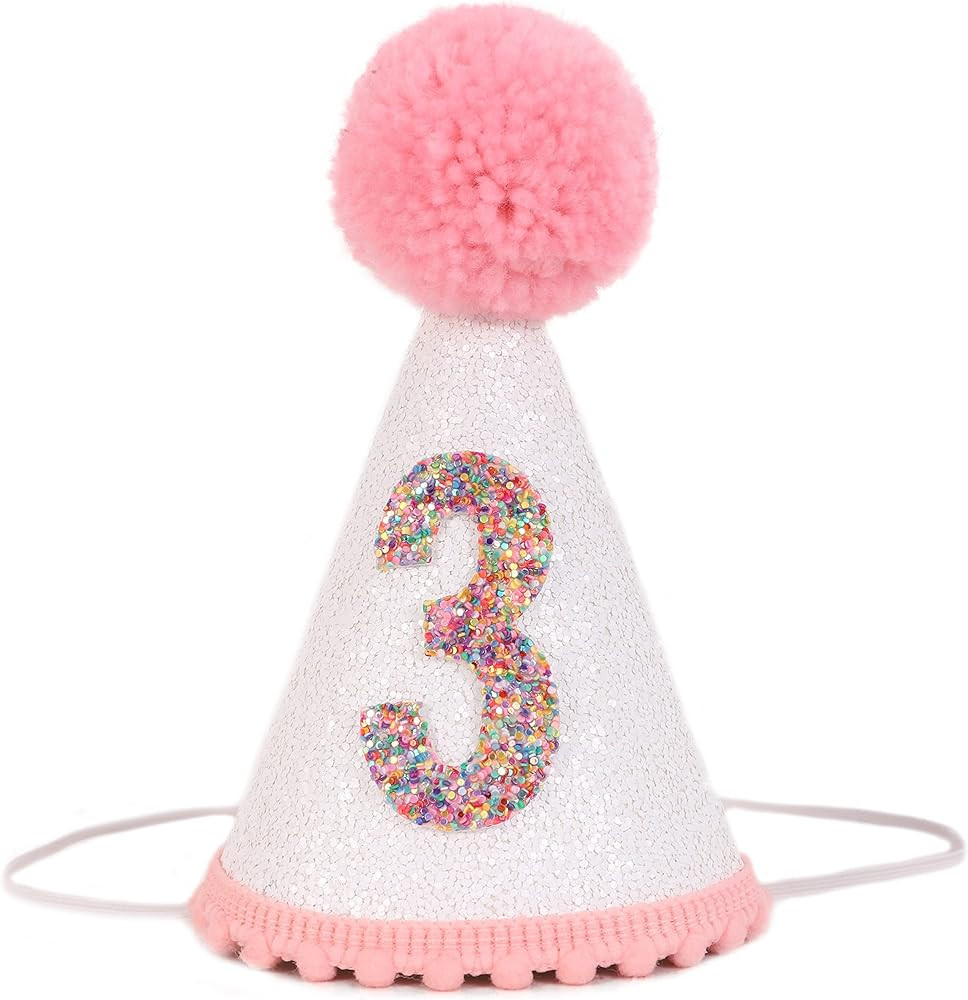 Birthday Hat for Girls - Glitter Birthday Hat with Pink Pom Topper, Birthday Decoration for Girls | Amazon (US)