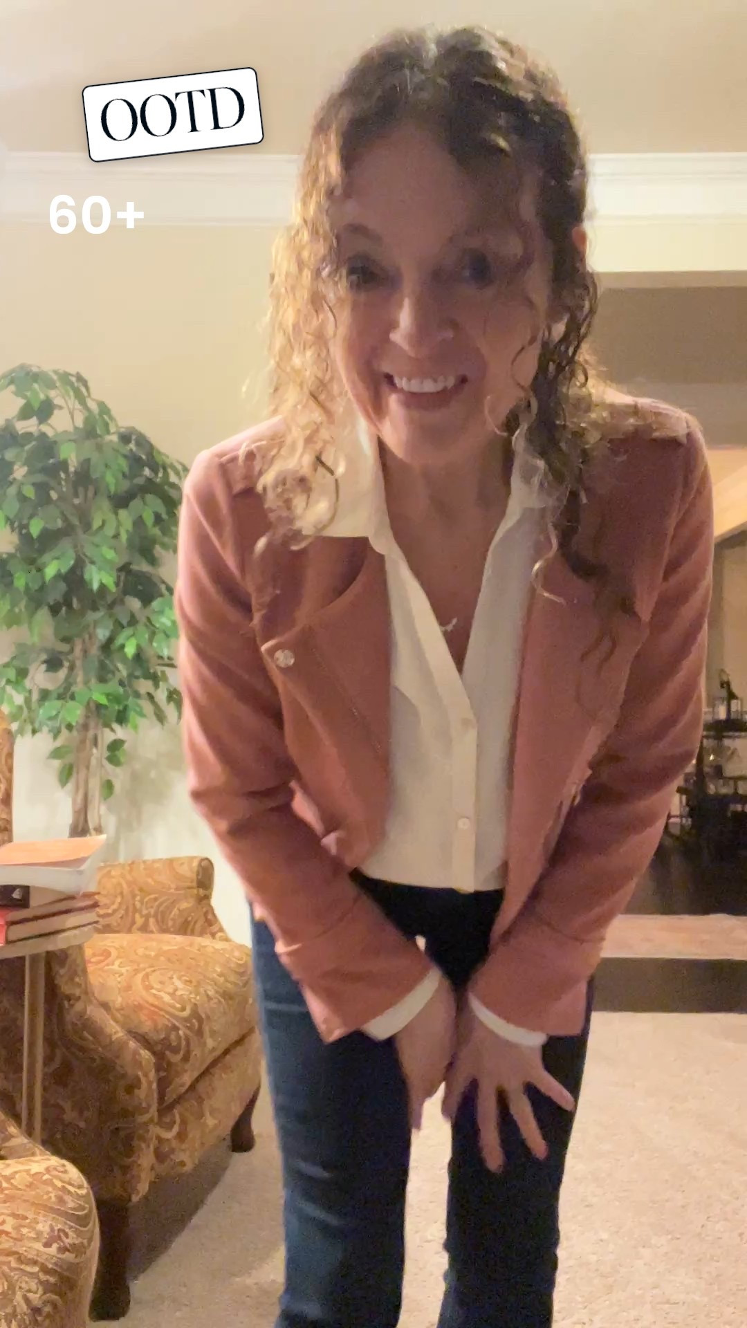 & headed to church.  60+ & 5’2” loving this pink suede jacket with collared cream blouse & dark skinny jeans paired with leopard flats. 

 #ootd #LTKOver40 #LTKootd