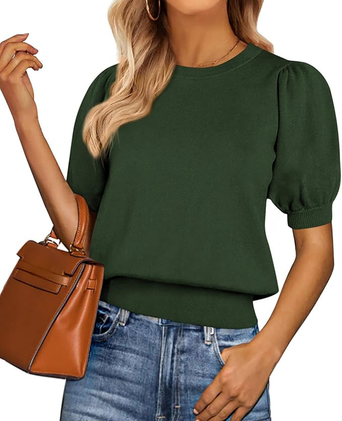 PRETTYGARDEN Womens Tops Spring 2025 Summer Puff Short Sleeve Sweater Crewneck Knit Work Blouses ... | Amazon (US)