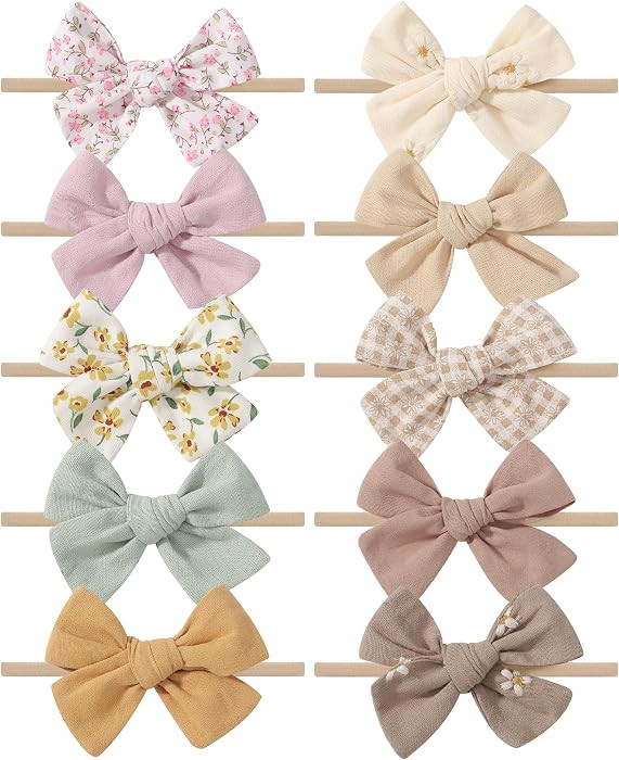 10PCS Baby Girls Headbands Hair Bows Nylon Cotton Linen Hairbands | Amazon (US)