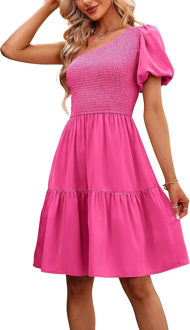 Loccysu Women's 2023 Summer One Shoulder Dresses A line Flowy Smocked Tiered Ruffle Swing Short Dres | Amazon (US)