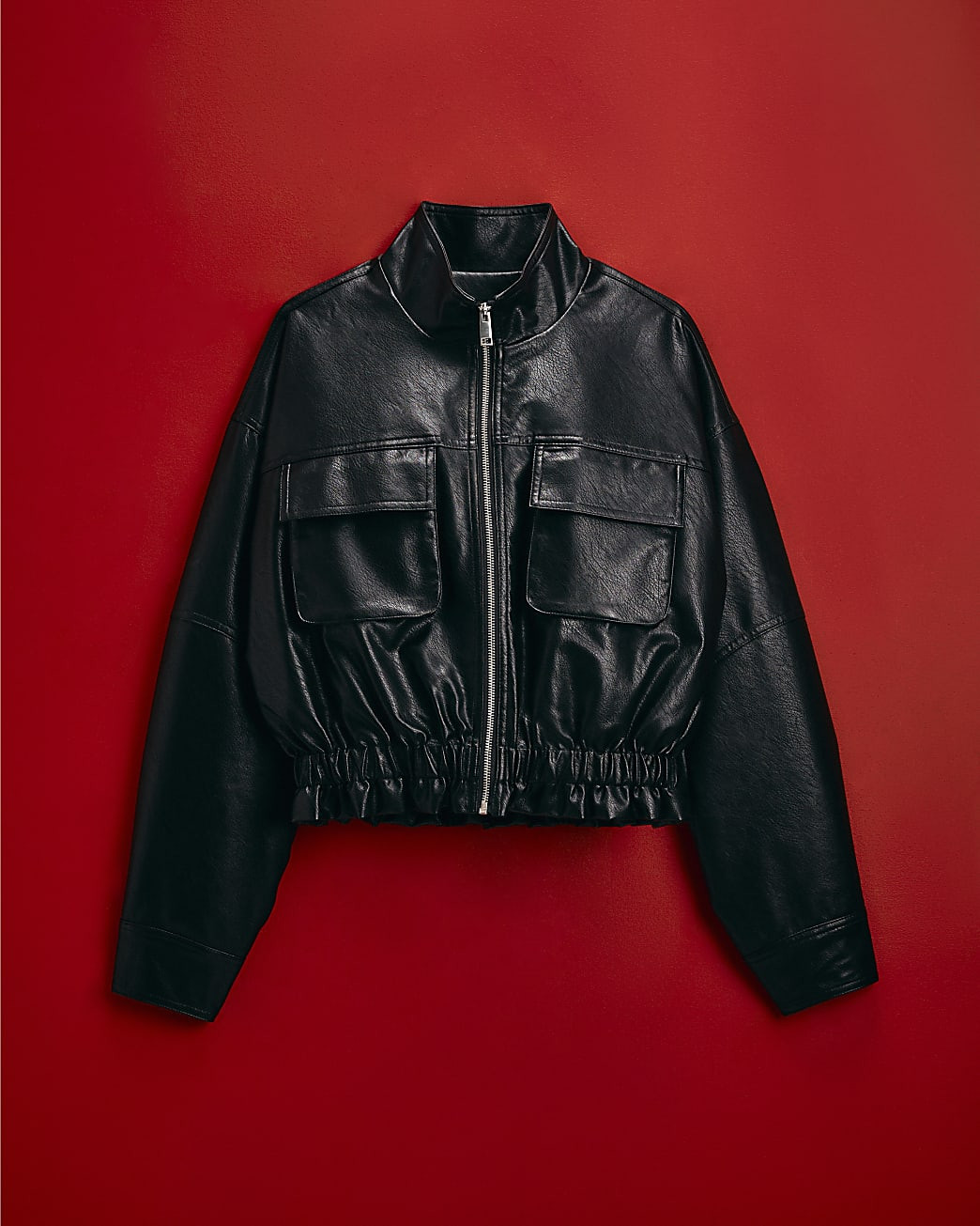 Black Funnel Neck Faux Leather Jacket | River Island UK & IE