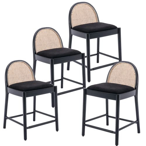 HEAH-YO Modern Counter Stools Set of 4, 26 Inches Counter Height Bar Stools with Rattan Backrests and Wood Legs, Comfy Kitchen Stools for Island, Black | Amazon (US)