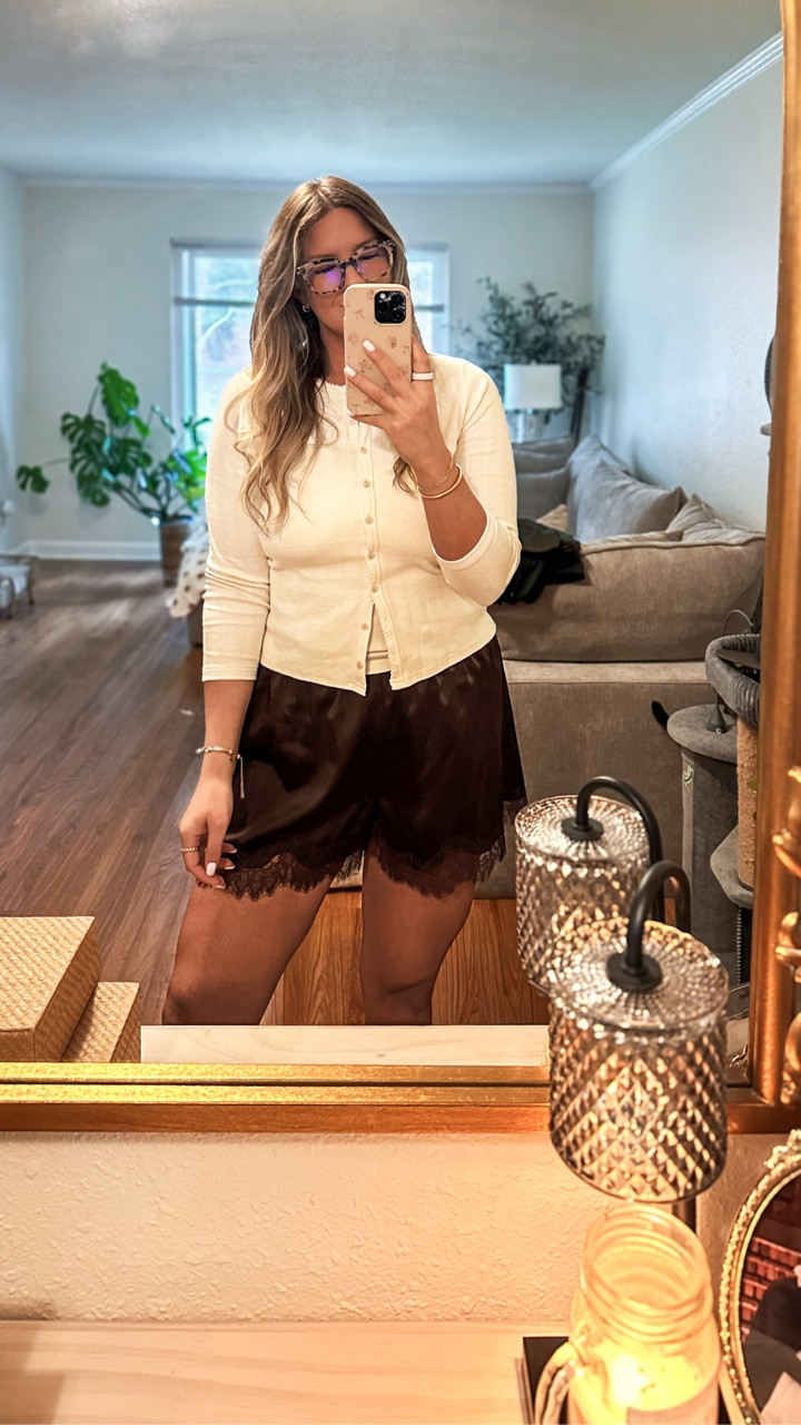 How I styled the viral brown satin and lace shorts from @Target - paired with the cutest pointelle cardigan set from @abercrombie ✨

#LTKdayinmylife #LTKootd #LTKgrwm