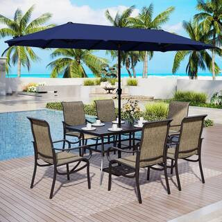 Black 8-Piece Metal Rectangle Patio Outdoor Dining Set with Table, Umbrella and Textilene Chairs | The Home Depot