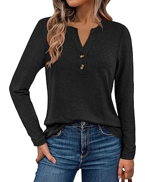 WYNNQUE Womens Long Sleeve Shirts Business Casual Outfits Dressy Tops Blouses Henley V Neck Fall ... | Amazon (US)