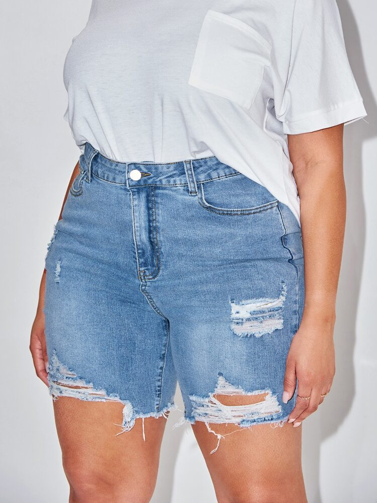 SHEIN SXY Plus Ripped Raw Hem Denim Shorts | SHEIN