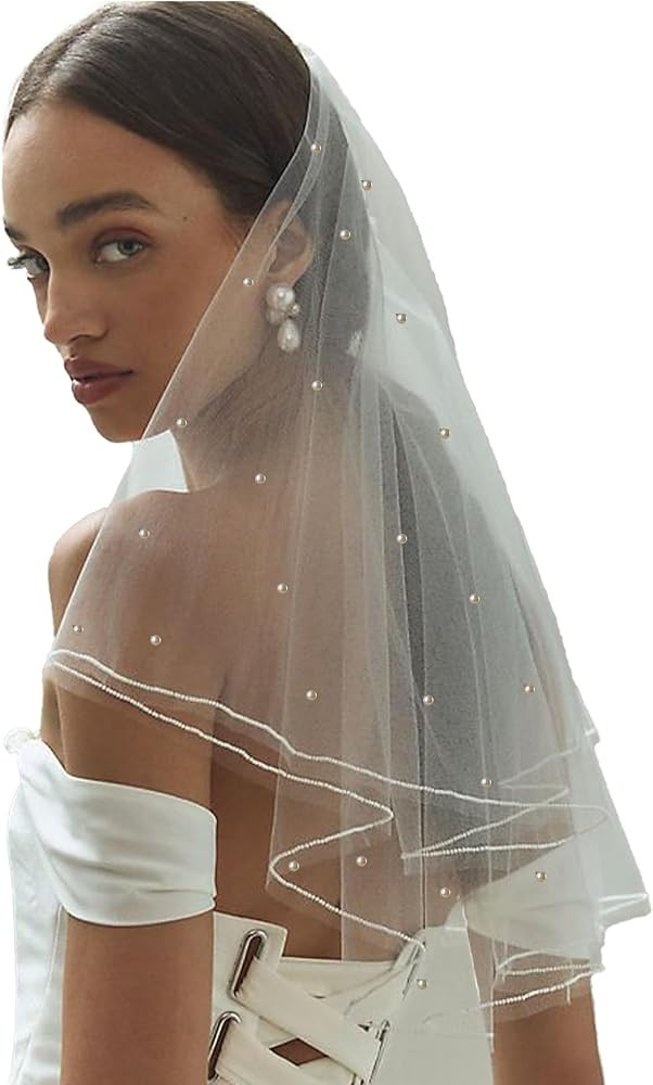 White Short Wedding Veil Pearl Rhinestone Bride Veils Bridal Veils Bachelorette Party Veil for Br... | Amazon (US)