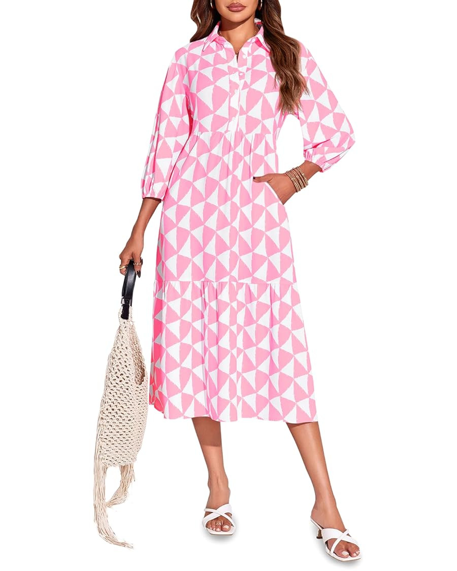 Wenrine Womens Boho Midi Dress Long Sleeve Casual Color Block Beach Button Down Shirt Dress | Amazon (US)