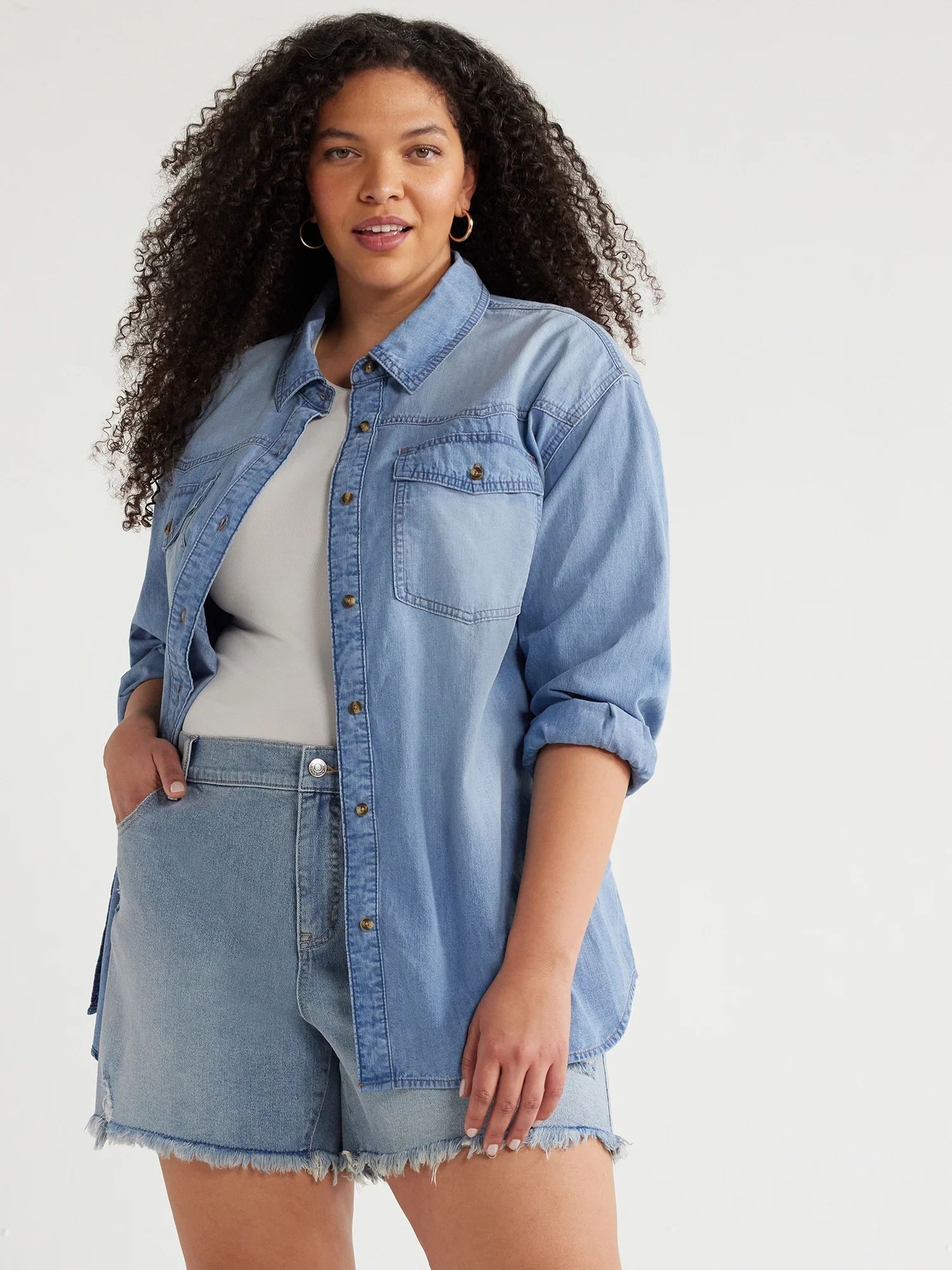 Sofia Jeans Women's and Women's Plus Oversized Boyfriend Shirt with Long Sleeves, Sizes XXS-5X | Walmart (US)