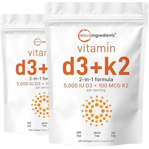 Micro Ingredients Vitamin D3 5,000 IU + K2 MK-7 100 mcg, 2 Pack (600 Softgels) | Liquid-Filled with Sunflower Oil | 2-in-1 Vitamins D & K Complex | Extra Strength, Easy to Swallow, Non-GMO, No Gluten | Amazon (US)