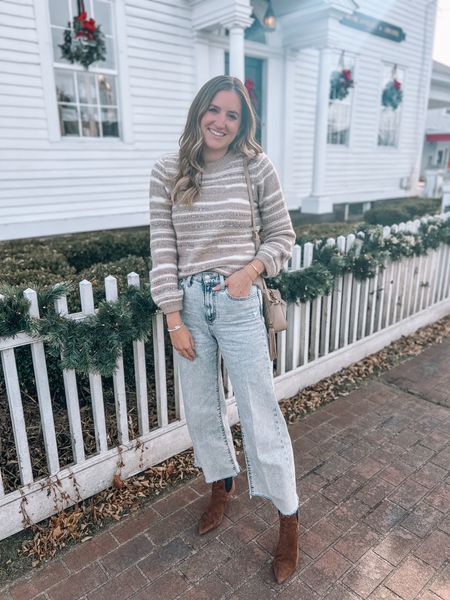 Sezane sweater with shimmer details, wide leg cropped jeans paired with ankle booties. Love this look for the holidays 

#LTKHoliday