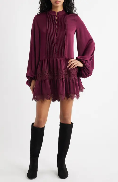 Bardot Antonia Lace Trim Long Sleeve Satin Minidress in Mulberry at Nordstrom, Size 10 | Nordstrom