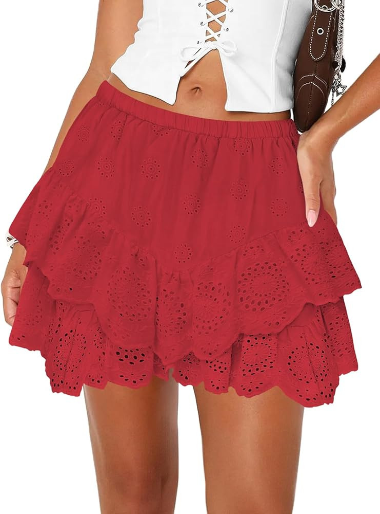 Women's Mini Skirts for Women High Waist Ruffle Skirt Smock Eyelet Solid A Line Summer Party Beac... | Amazon (US)