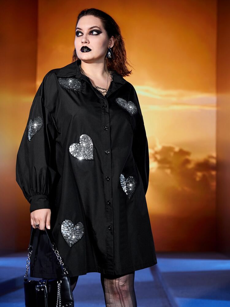 ROMWE PUNK Plus Heart Print Lantern Sleeve Shirt Dress | SHEIN