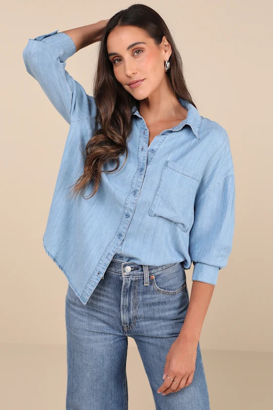 Coveted Option Blue Chambray Long Sleeve Button-Up Top | Lulus
