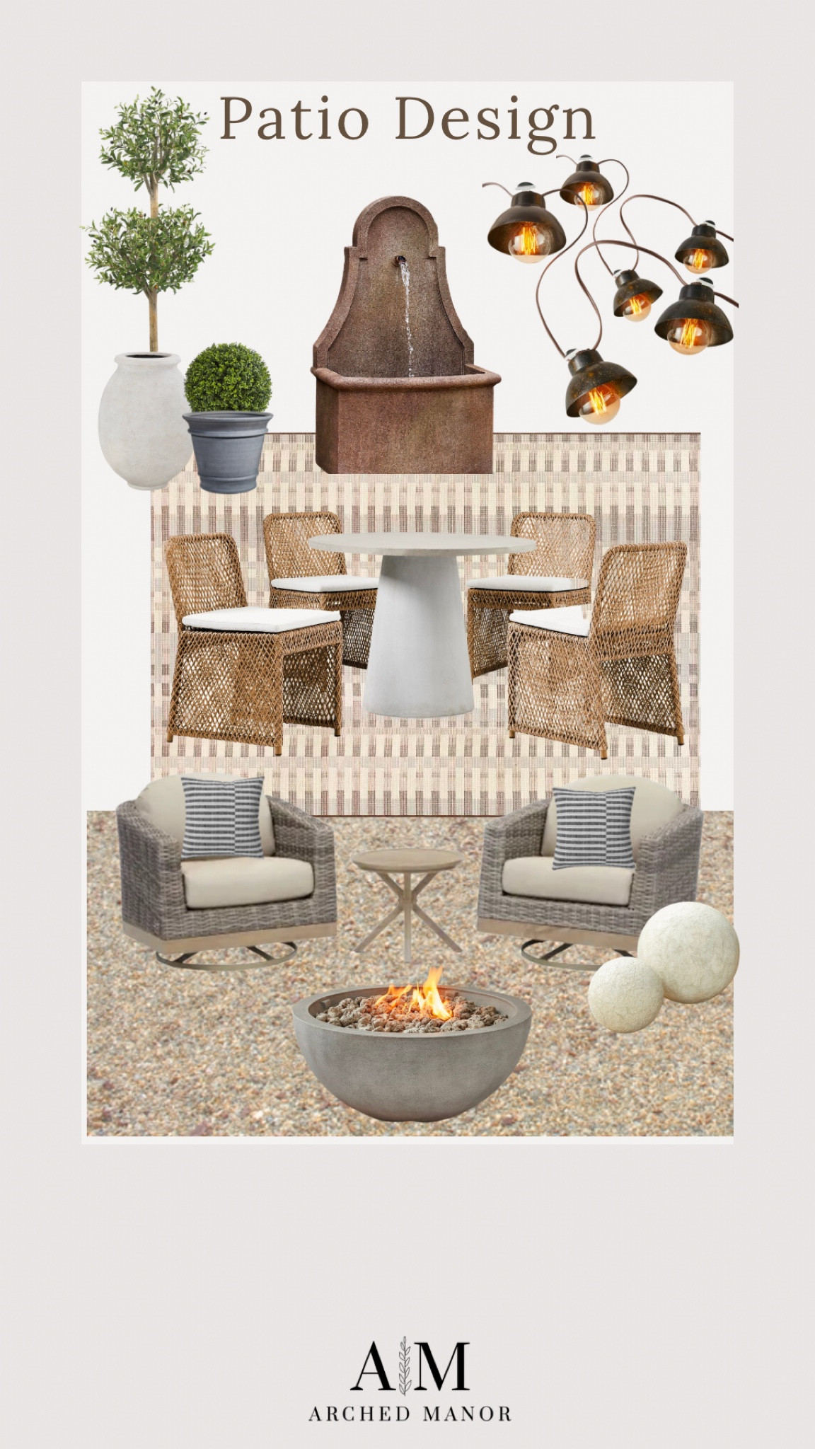 Patio design, outdoor dining, outdoor rug, outdoor lounge set, fire pit, outdoor patio decor, planters, topiary

#LTKunder100 #LTKhome #LTKSeasonal
