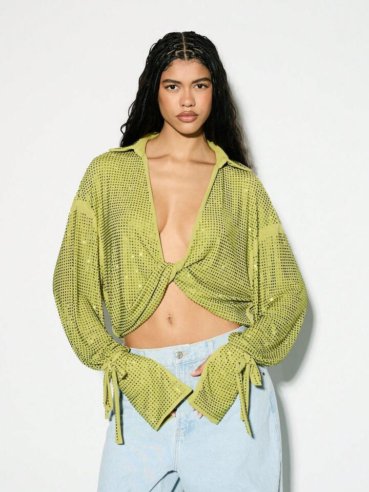 KIZN Netted Sequin Crop Blouse Long Sleeve Twist Front Party Club Festival Summer Spring Mesh Top Shimmer Clubwear Dance Performance Sparkle | SHEIN