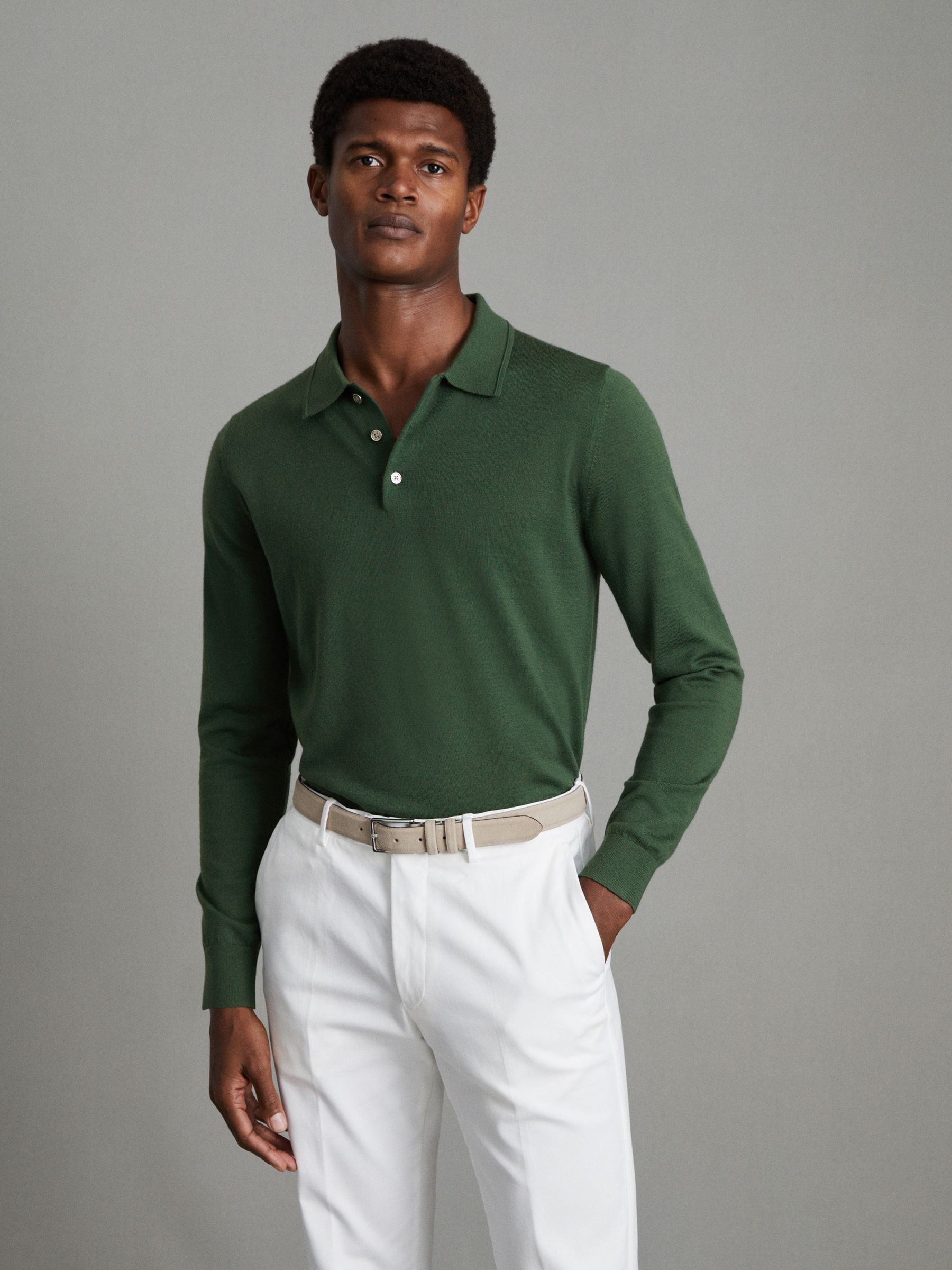 Merino Wool Polo Shirt in Hunting Green | Reiss UK
