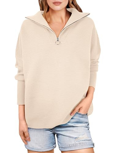 ANRABESS Women Long Sleeve Quarter Zip Pullover Fall Sweater,Parchment,L | Amazon (US)