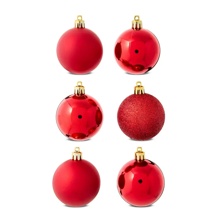 24-Count Red Shatterproof Multi-Textured Christmas Ornaments, 2.36 in, by Holiday Time | Walmart (US)