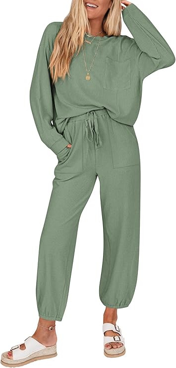 KIRUNDO Lounge Sets for Women 2026 Spring Travel Airport Outfits Ribbed Knit Tops Jogger Pants Tr... | Amazon (US)