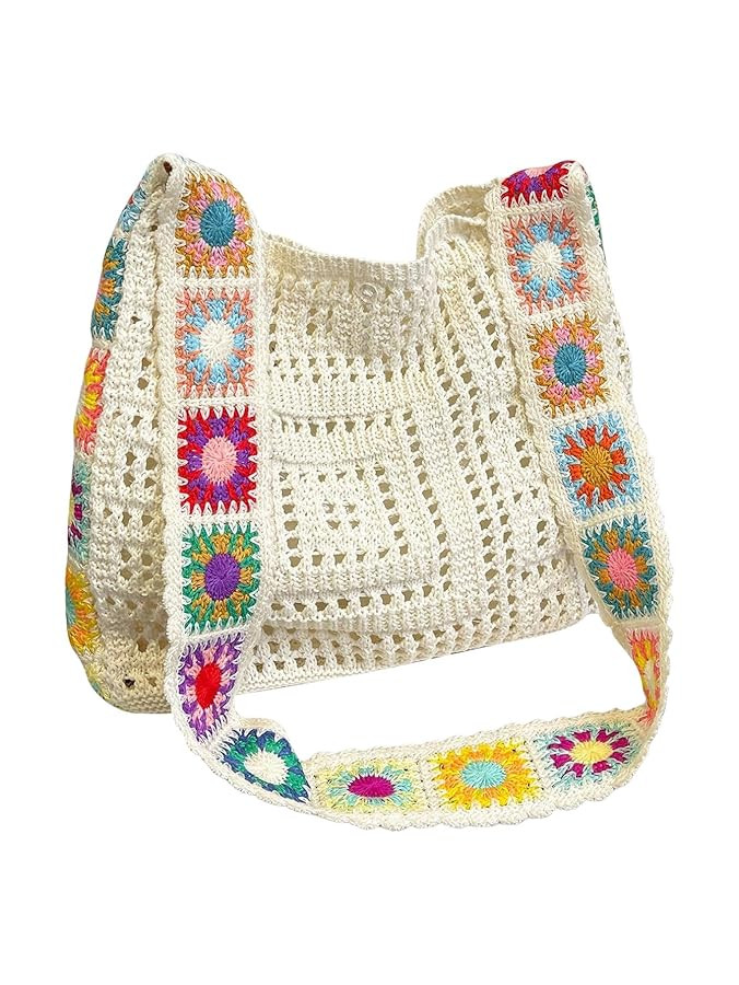 QWINEE Women's Boho Embroidery Crossbody Bag Hollow Out Crochet Knit Shoulder Bag Tote Handbag | Amazon (US)