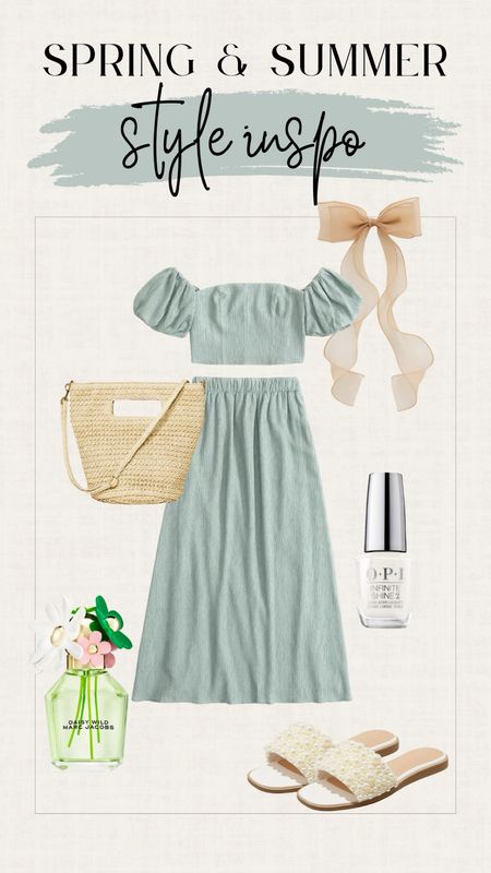 Summer outfit. Date night outfit. Vacation outfit. Matching set. Hair bow. White nail polish. Sandals. Summer purse. Midi skirt with crop top.

#LTKSeasonal #LTKGiftGuide #LTKsalealert