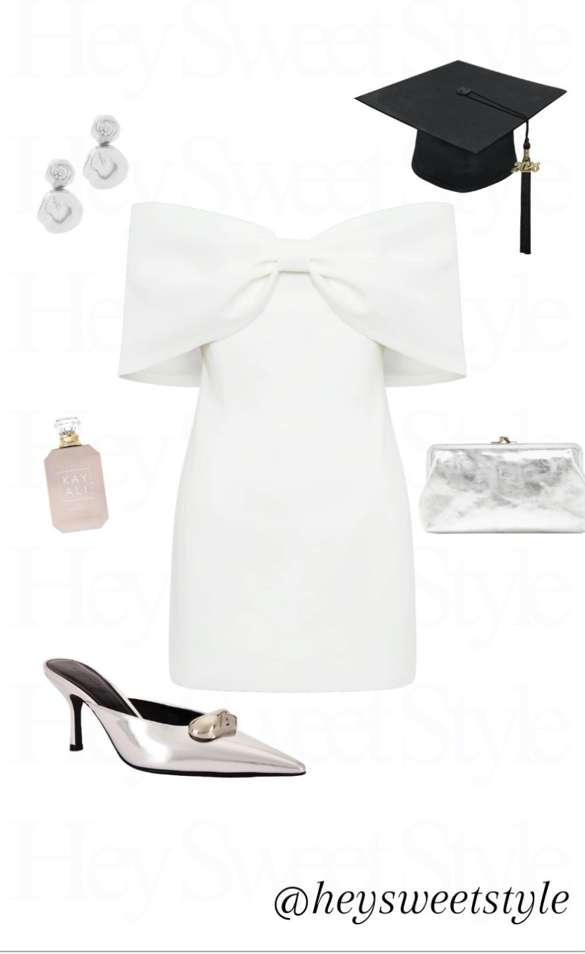Off the shoulder dress + chrome pointed toe heels | 10 College Graduation Outfit Ideas 🎓