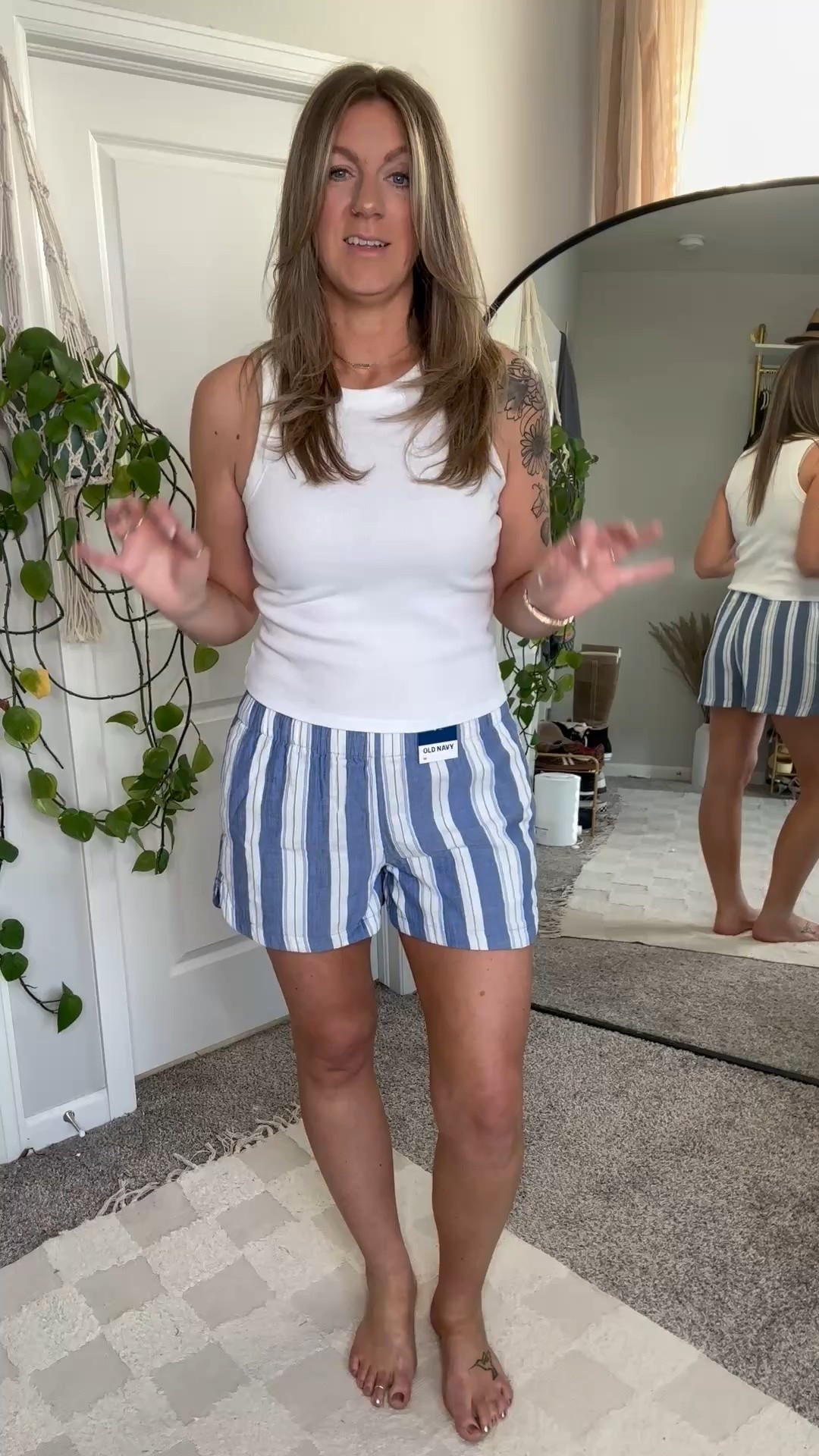 Large tank, medium shorts. Come in matching shirts and pants 

#LTKOver40 #LTKSaleAlert #LTKMidsize