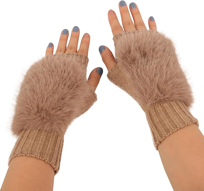 Flammi Women Wool Knit Fingerless Gloves Furry Mittens Wrist Warmers | Amazon (US)