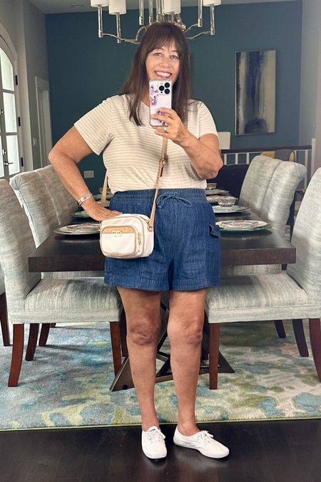 Summer vacay outfit. Cute jean shorts and tee with Keds and crossbody bag. 

#summeroutfit
#croosbodybag
#midsizeourfit

#LTKitbag #LTKfindsunder50