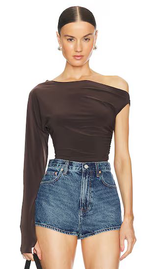 One Sleeve Drop Shoulder Side Drape Top in Chocolate | Revolve Clothing (Global)