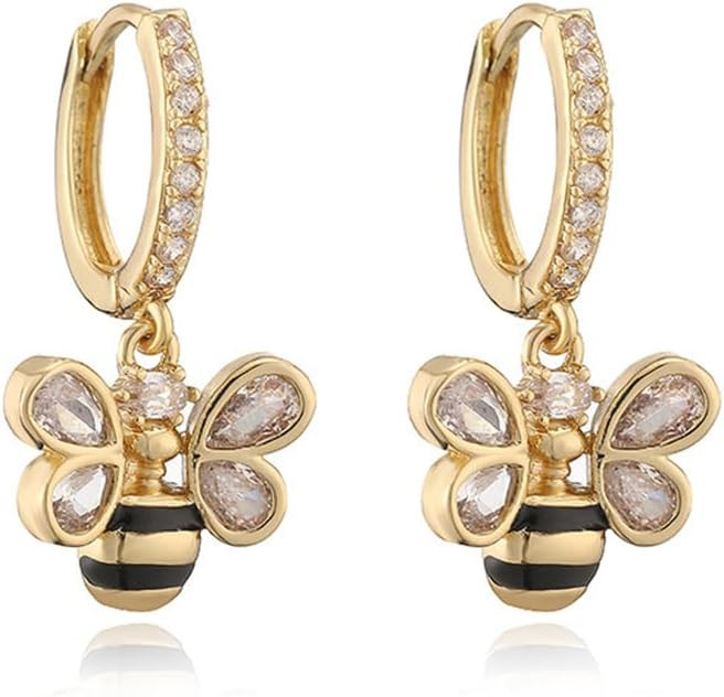 Cute CZ Bee Dangle Drop Earrings for Women 14k Gold Plated Dainty Crystal Honeybee Animal Charm S... | Amazon (US)