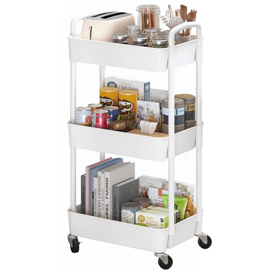 Sywhitta 3-Tier Plastic Rolling Utility Cart with Handle, Multi-Functional Storage Trolley for Of... | Amazon (US)