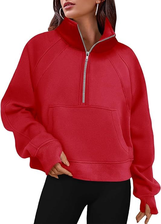 Women's Sweatshirts Fleece Lined Half Zipper Crop Pullover Tops Funnel Neck Long Sleeve Sweater T... | Amazon (US)