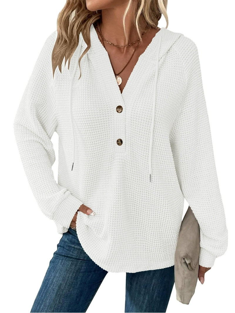 TEMOFON Hoodies for Women Long Sleeve Waffle Pullover Sweatshirts Casual V Neck Comfy Hoody Fall ... | Walmart (US)