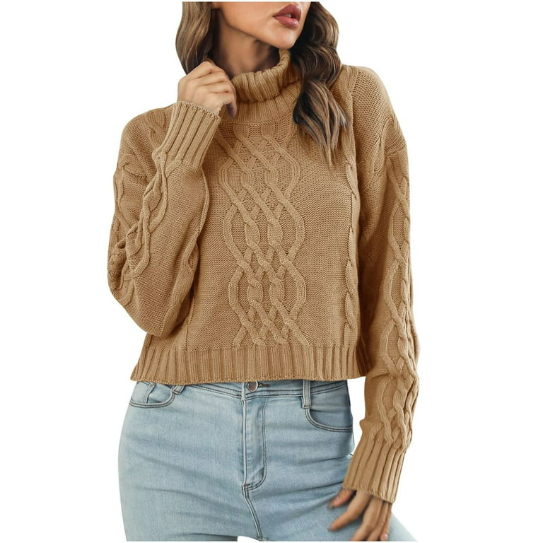 VSSSJ Cropped Sweaters for Women Long Sleeve Casual Turtleneck Cable Knit Solid Color Loose Fall ... | Walmart (US)