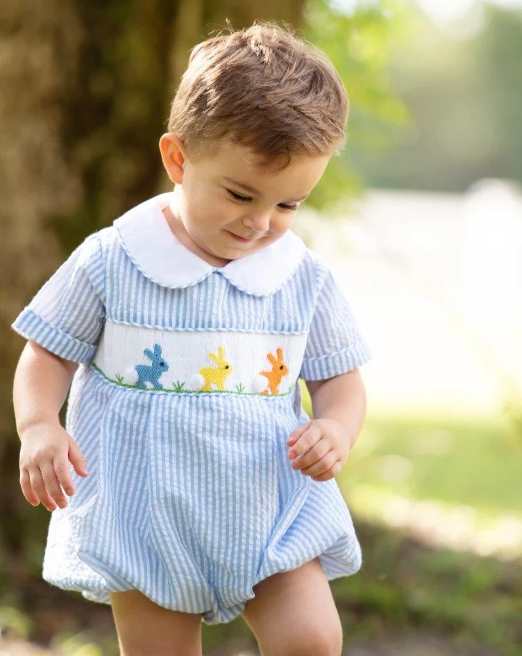 Colorful Bunnies Smocked Blue Seersucker Bubble | Smockingbird Kids