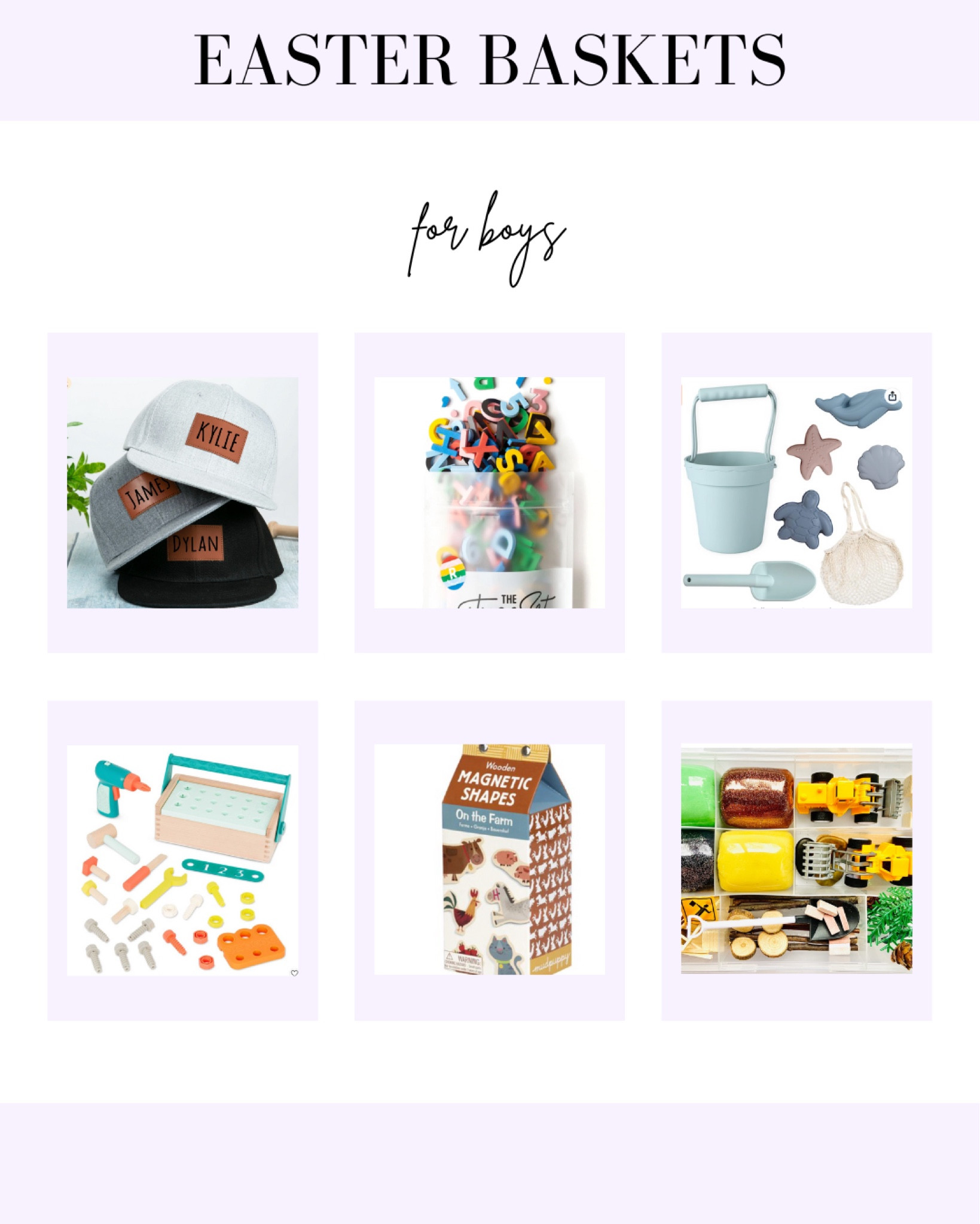 Easter baskets for boys, baseball cap, letters, alphabet, sand toys, tools toy, magnetic shapes, playdoh kit 

#LTKSeasonal #LTKfamily #LTKkids