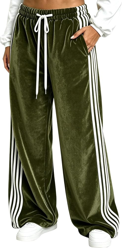 Faleave Womens Velvet Wide Leg High Waist Drawstring Pants with Pockets | Amazon (US)