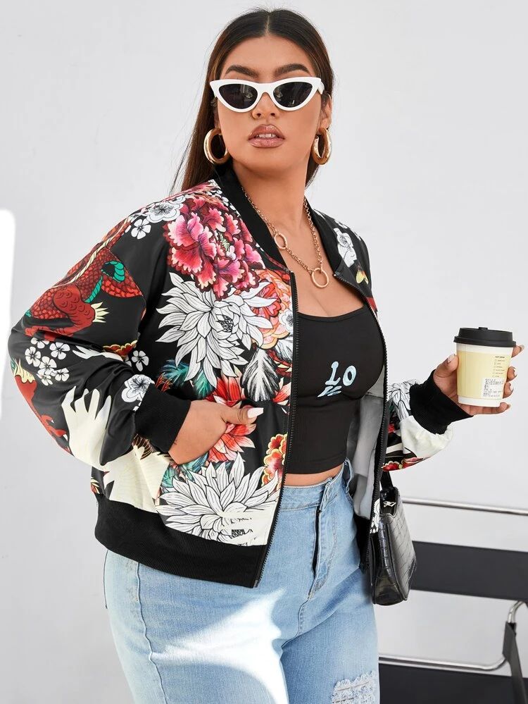 Plus Floral & Chinese Dragon Graphic Drop Shoulder Bomber Jacket | SHEIN