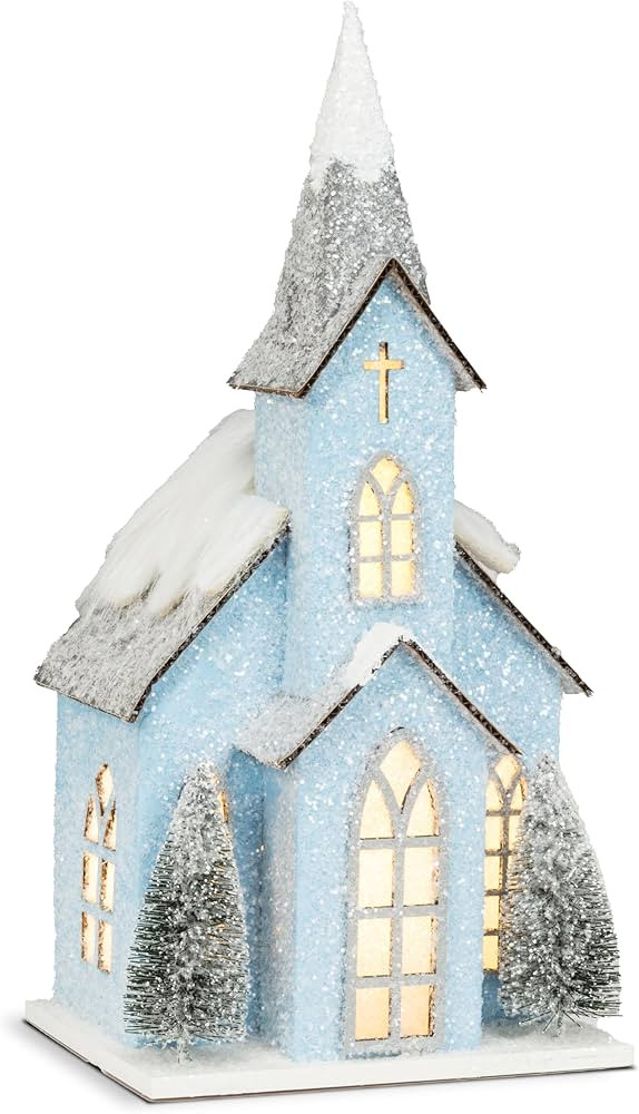 Abbott Collection Snowy Blue Glitter Church with LED Lights, Medium (4.5X5.5 W) | Amazon (US)