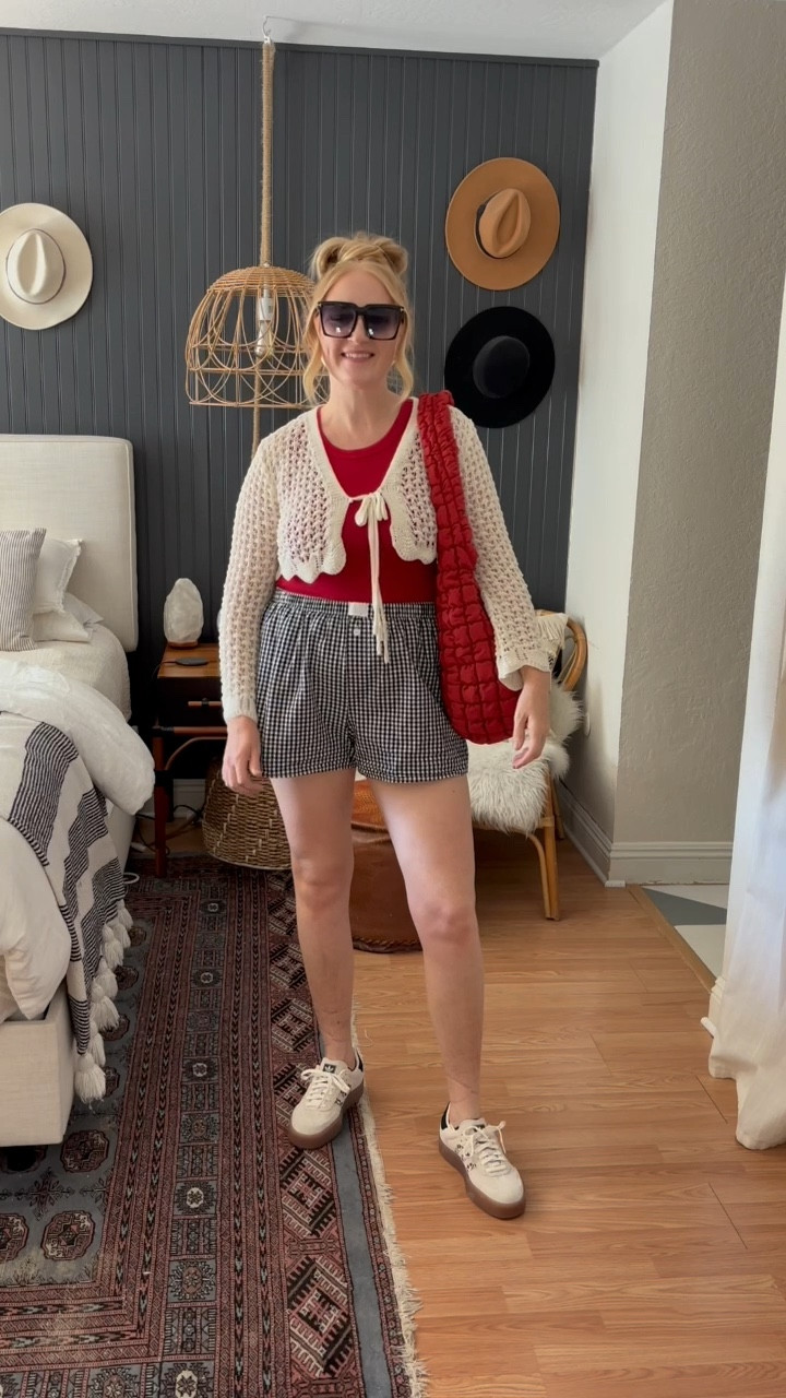 Pop of red fall transitional look today! Wearing L in crochet topper and red tank, XL in boxer shorts. Sambaes I sized down a half size.

Boxer trend, boxer outfit, crochet top, knit top, red top, red accessories, red bag, sambas, adidas outfit, fall inspo, fall style, fall transition outfit, Amazon fashion, Amazon style, target tops, target bags, puffer bag 

#LTKStyleTip #LTKFindsUnder100 #LTKFindsUnder50