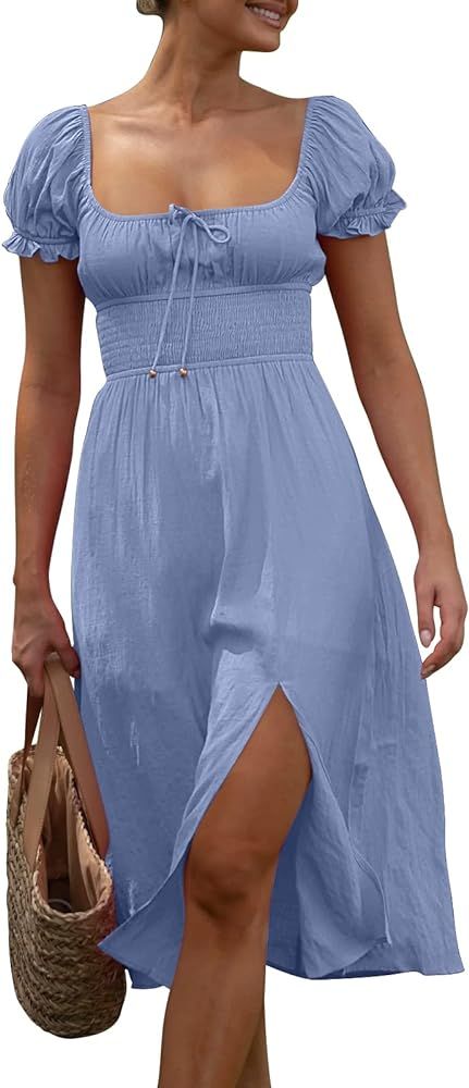 LILLUSORY Women's 2023 Summer Cottagecore Dresses Square Neck Puff Sleeve Midi Split Beach Dress | Amazon (US)