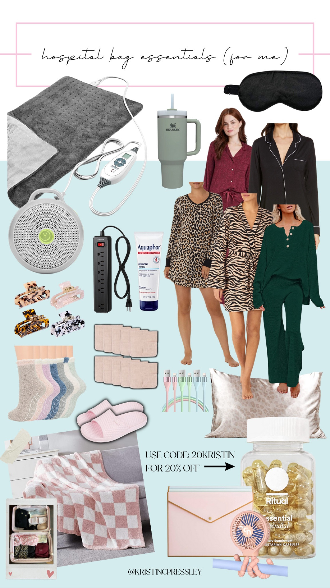 What’s in my hospital bag (for me)? 
PART I

Maternity. Hospital bag. Baby bag. Pillow: Amazon. Socks. Lounge. Slides. Slippers. Heating pad. Stanley. Clips. 

#LTKbump