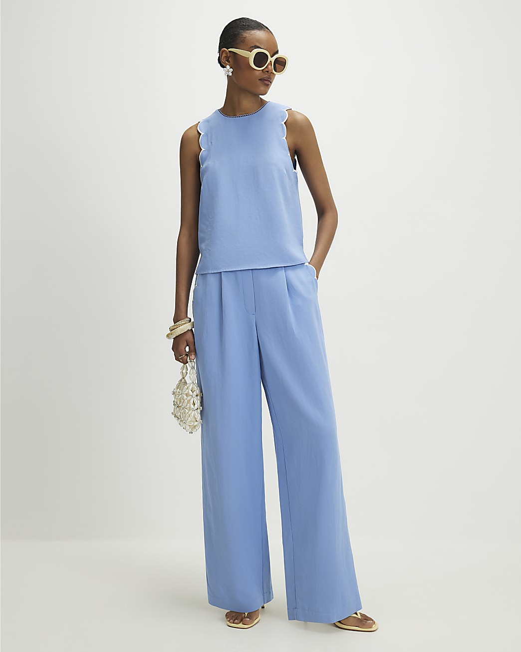 Blue Scallop Trim Wide Leg Trousers | River Island UK & IE