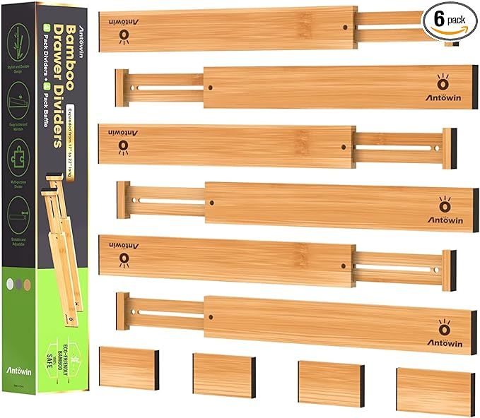 ANTOWIN Bamboo Drawer Dividers, Expandable Drawer Separators Splitter, 17-22 inches Adjustable Sp... | Amazon (US)