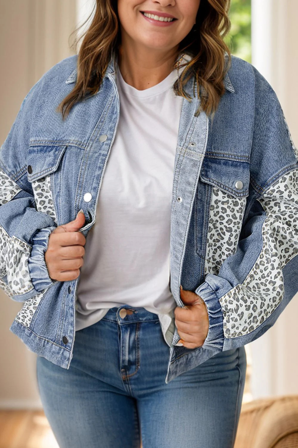 Plus Size Leopard Long Sleeve Denim Jacket 1XL | Casual Chic Boutique
